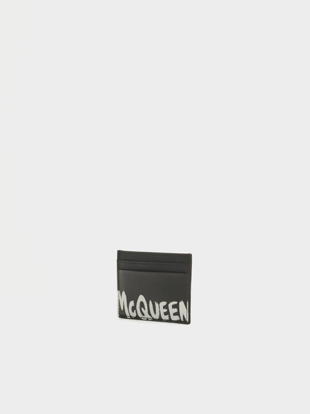 Graffiti Print Leather Card Holder, Black