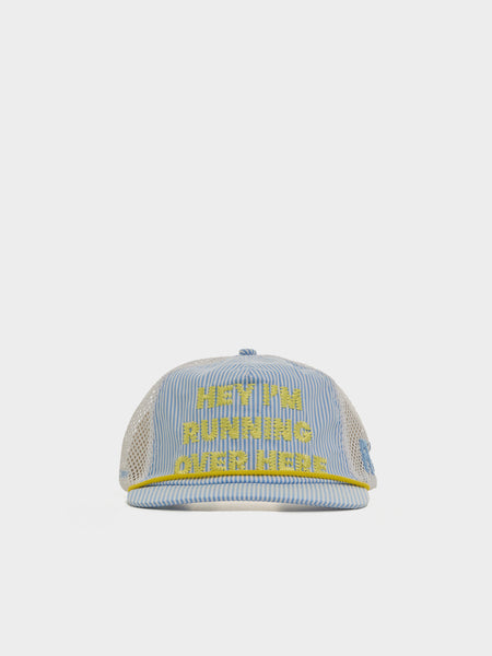 "Hey, I'm Running Over Here" Trucker Hat, Blue Stripe