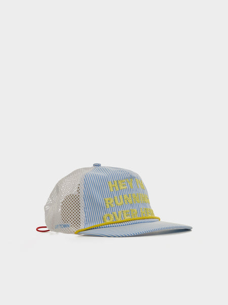 "Hey, I'm Running Over Here" Trucker Hat, Blue Stripe