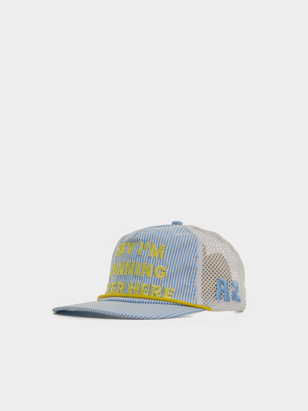 "Hey, I'm Running Over Here" Trucker Hat, Blue Stripe