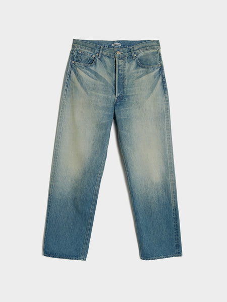 Selvedge Faded Heavy Denim Wide Pants, Faded Indigo
