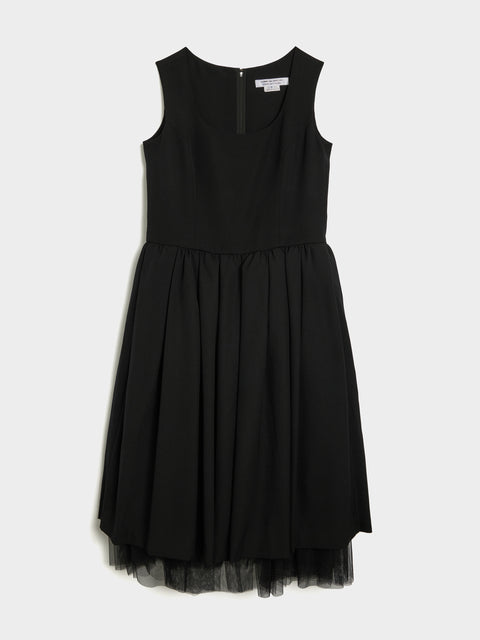 W Wool Gabardine Nylon Tulle Dress, Black / Black
