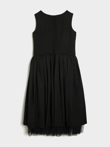 W Wool Gabardine Nylon Tulle Dress, Black / Black