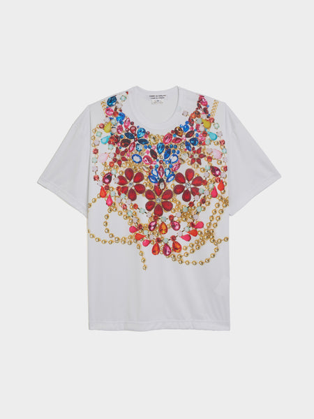 W Polyester Smooth Print T-Shirt, White / D Pattern