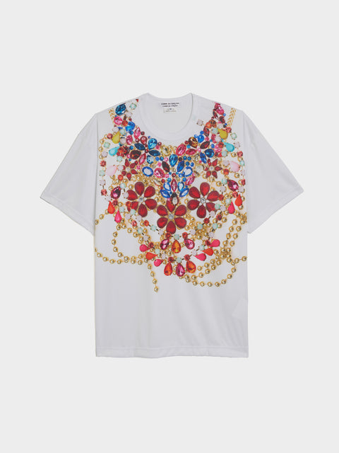 W Polyester Smooth Print T-Shirt, White / D Pattern