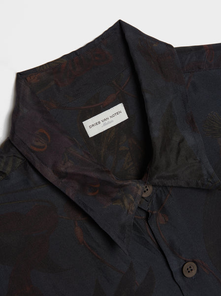 Lightweight Printed Silk Pongee Shirt, Navy