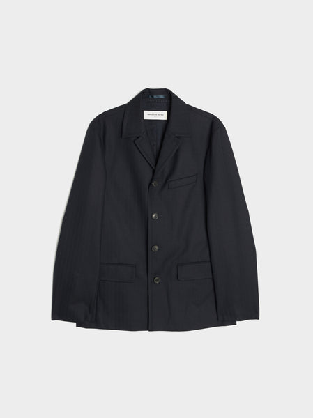 Wool Herringbone Boxy Shirt Blazer II, Navy