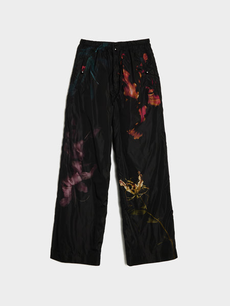 Flower Print Water Repellent Nylon M.W. Pants, Black