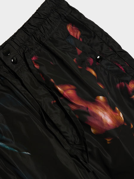 Flower Print Water Repellent Nylon M.W. Pants, Black