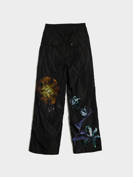 Flower Print Water Repellent Nylon M.W. Pants, Black