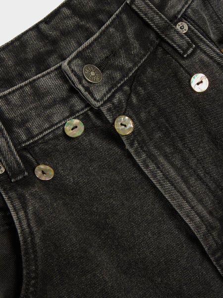 Denim With Buttons Hanging From Waist, Black