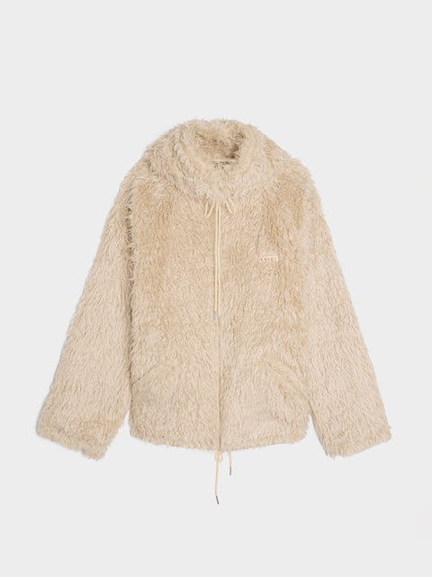 Long Pile Shaggy Faux Fur Lined Jacket With Hood, Glass