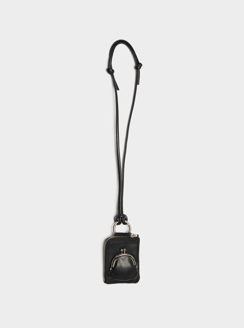 Color Smooth Leather Clasp Mini Wallet Necklace, Black