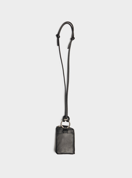 Color Smooth Leather Clasp Mini Wallet Necklace, Black
