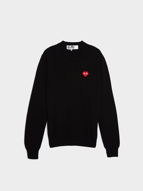 Men Red Heart V-Neck Pullover, Black