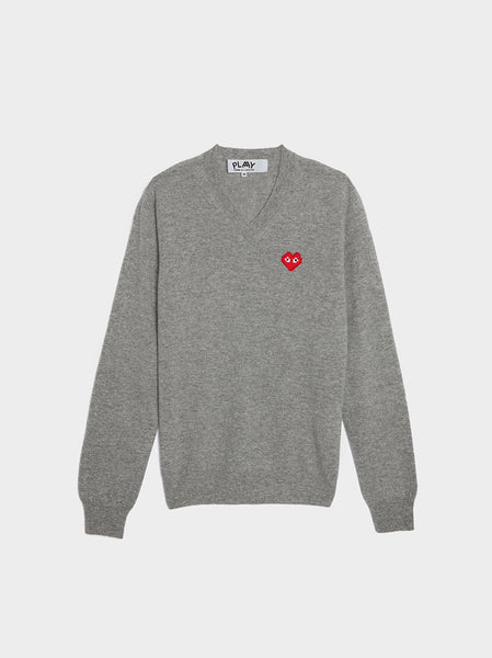 Men Red Heart V-Neck Pullover, Light Grey