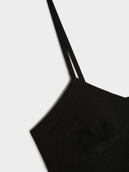 Poly Oxford Garment Treated V Neck Strap Top Black, Black