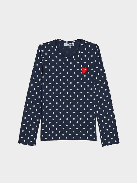 Women Red Heart Play Polka Dot T-Shirt, Navy / White