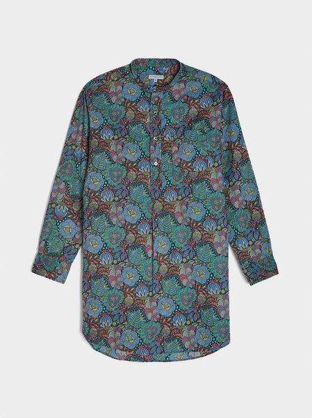 Banded Collar Long Shirt, Navy Floral Print