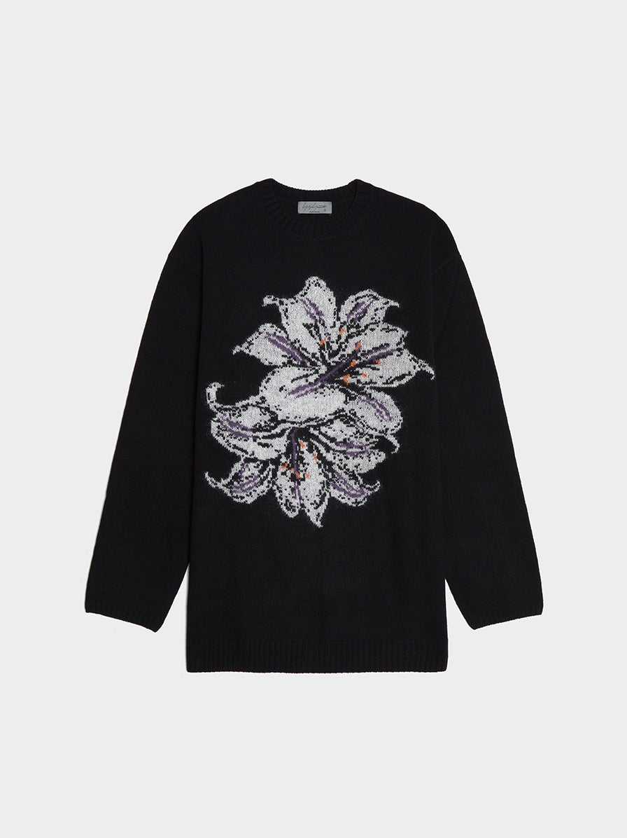 Black Floral Jacquard Knit Sweater, black/white